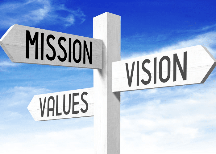 Image of a sign that says mission vision and values.