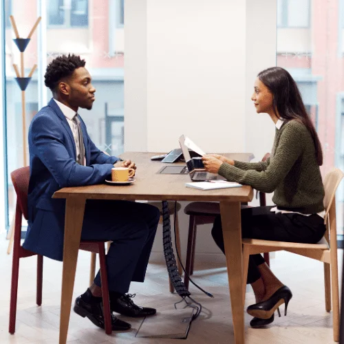 Image of a candidate, applicant being interviewed.