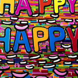 Image with bright colors and the word happy on it.