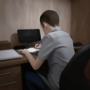 person working on a computer, writing in a notebook