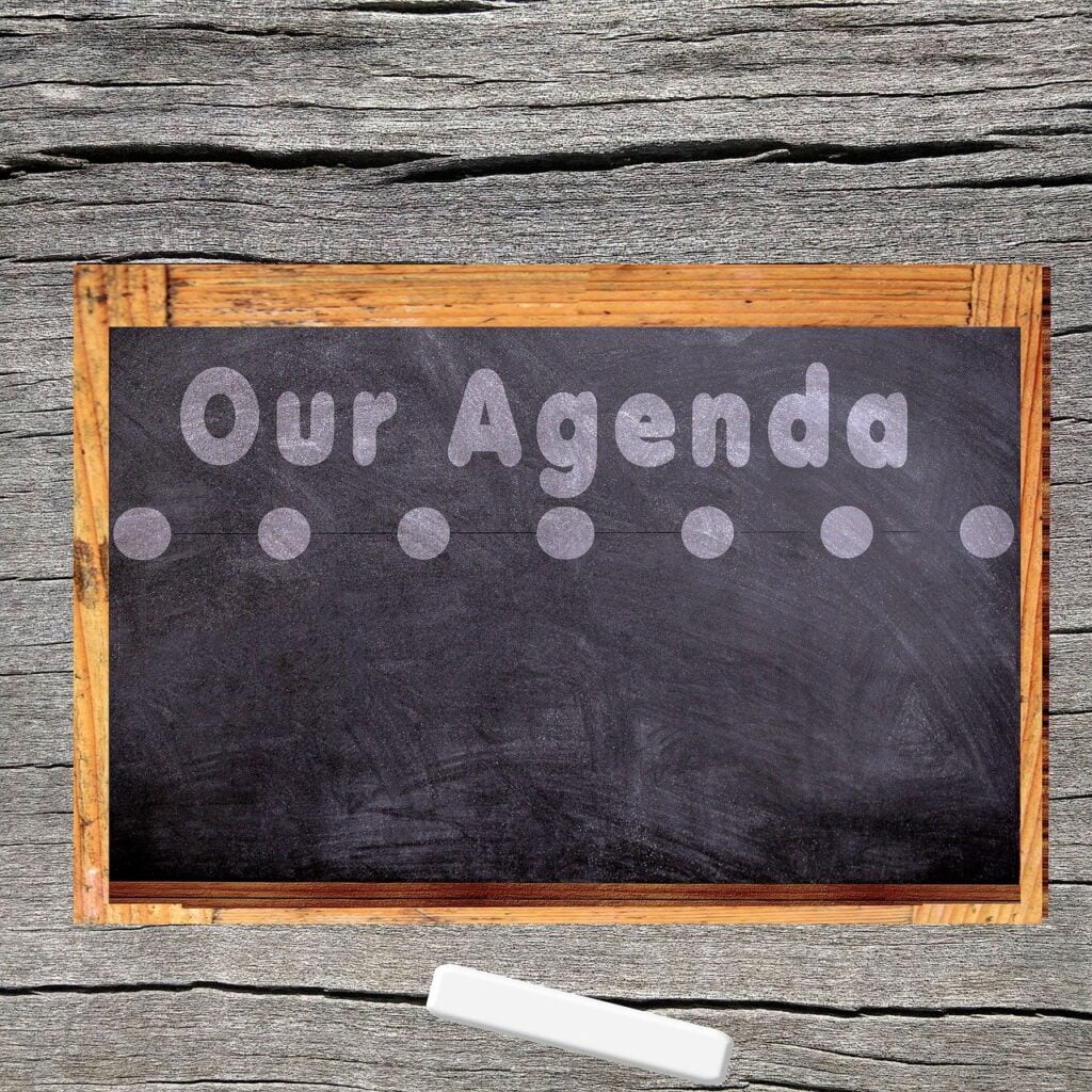 agenda, board, chalk