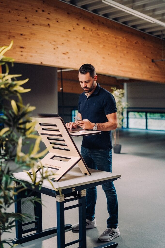 man, stand, desk