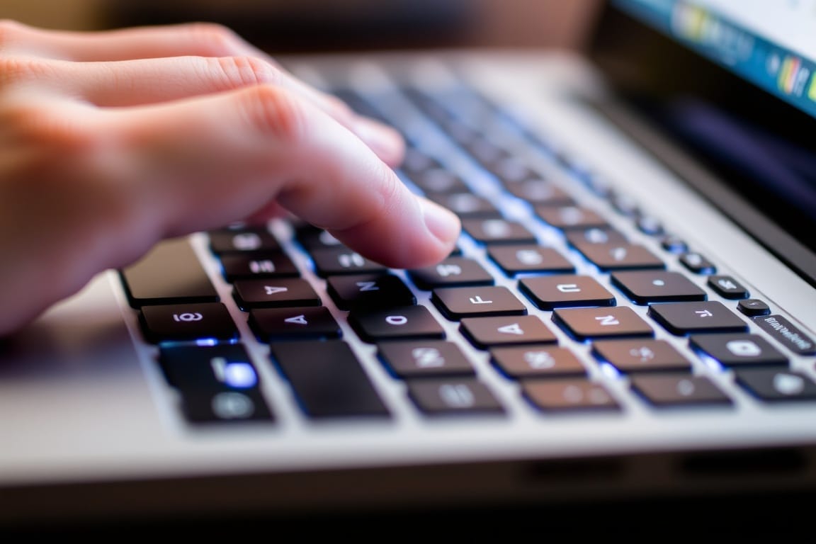 A close-up of a hand typing an email on a keyboard.