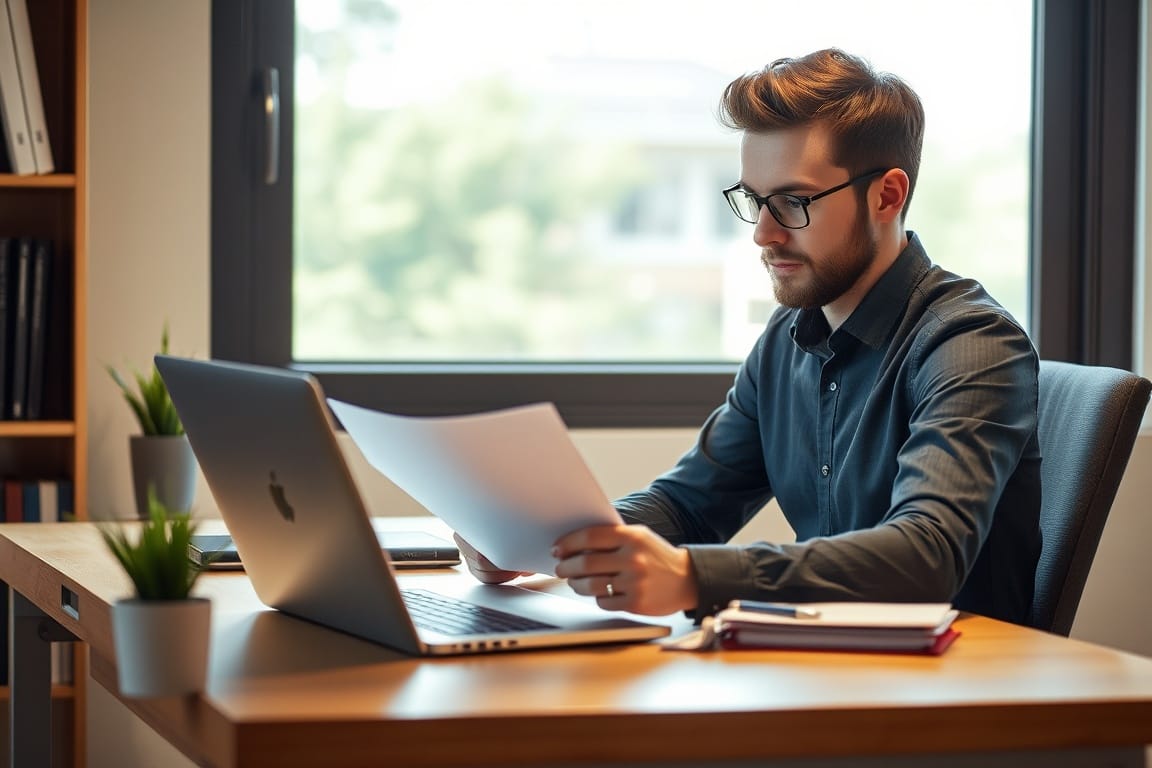 A person sitting at a desk with a laptop, looking thoughtfully at a document.