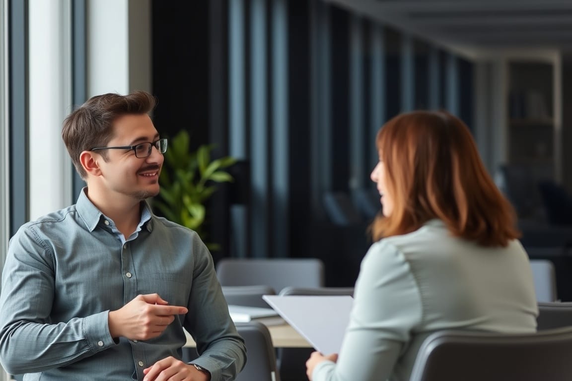 Two colleagues having a conversation in an office setting.