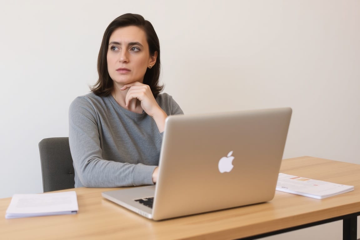 A person sitting at a desk with a laptop open, looking thoughtful.