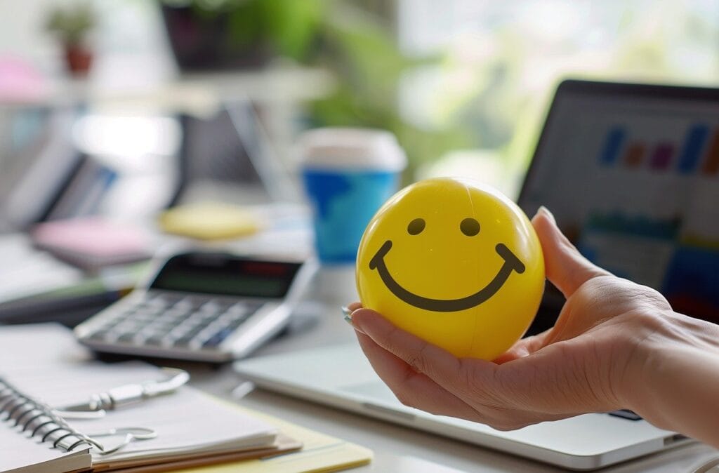 smiley face, hand holding, office desk